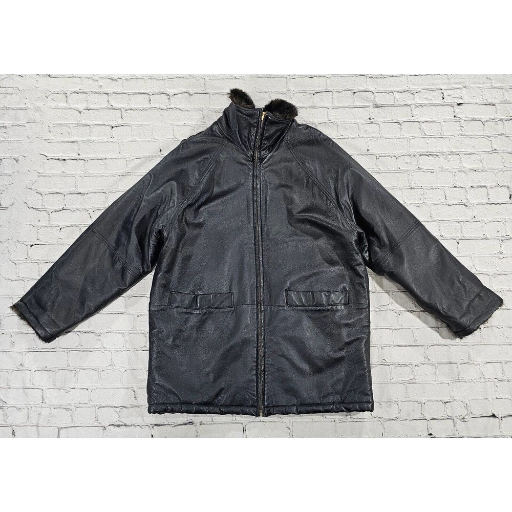 Vintage Colebrook Co. Reversible Faux Fur Black Leather Jacket Mock Neck MENS L